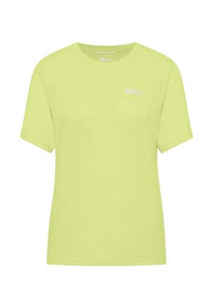 Limegrünes T-Shirt mit kurzen Ärmeln, rundem Ausschnitt und kleinem weißen Logo auf der linken Brust. Hergestellt aus weichem Stoff mit glatter Textur.
