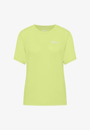 Limegrünes T-Shirt mit kurzen Ärmeln, rundem Ausschnitt und kleinem weißen Logo auf der linken Brust. Hergestellt aus weichem Stoff mit glatter Textur.