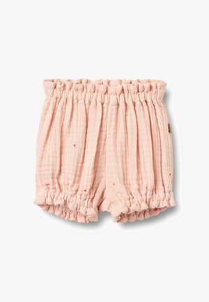 Lyserøde bomuldsshorts med et tekstureret, krøllet design. Har en elastisk talje og flæsekant forneden, med små røde prikker over det hele.