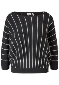 Czarny sweter z białymi pionowymi paskami. Żebrowana tekstura. Szeroki dekolt i rękawy o długości 3/4. Swobodny, luźny krój z elastycznym dołem.