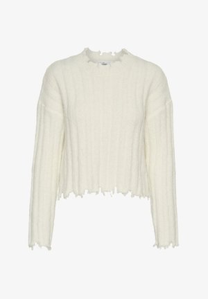 Kraftigt hvid sweater med ribbet tekstur, med rå kanter ved kanten og ærmerne, rund udskæring og en let løs pasform.