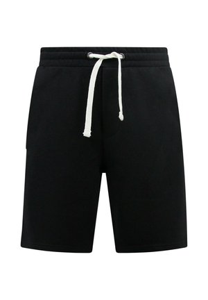 Zwarte casual korte broek met elastische tailleband en wit trekkoord, knielengte, effen ontwerp met zijzakken.