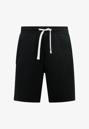 Zwarte casual korte broek met elastische tailleband en wit trekkoord, knielengte, effen ontwerp met zijzakken.