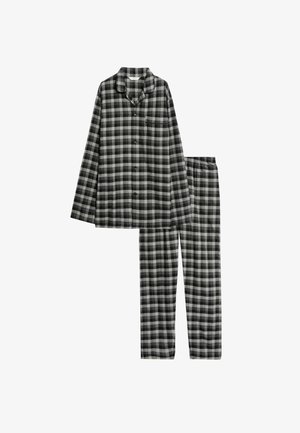 Set di pigiama a quadri neri e grigi, composto da una camicia con colletto e maniche lunghe con bottoni e pantaloni abbinati con elastico in vita.