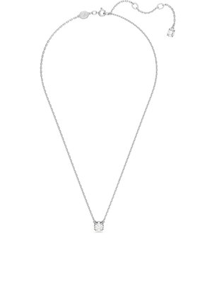 Silver chain necklace featuring a central clear gemstone pendant, round shape, with a delicate link design and adjustable length.