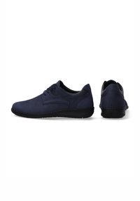 Marineblaue Leder-Schnürschuhe mit glatter Textur, abgerundeter Zehe und kontrastierender schwarzer Sohle. Mit dezenten Seitennähten.