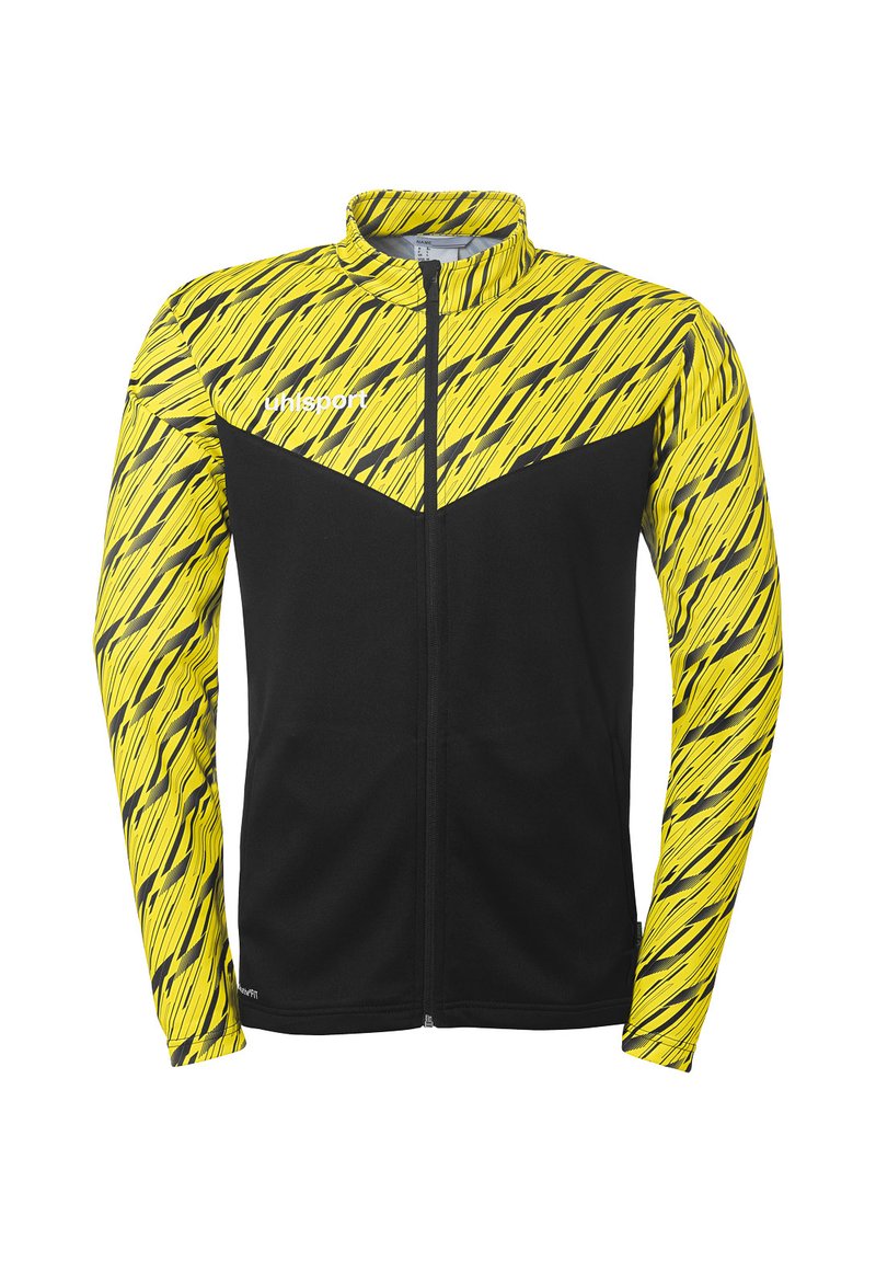 Geel en zwarte jack met een rits aan de voorkant, met een gedurfde gestreepte patroon op de mouwen en een effen zwarte body.