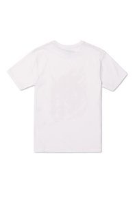 Camiseta de algodón blanca con mangas cortas y cuello redondo. Presenta un sutil patrón gráfico en la parte trasera. Textura suave y corte clásico.
