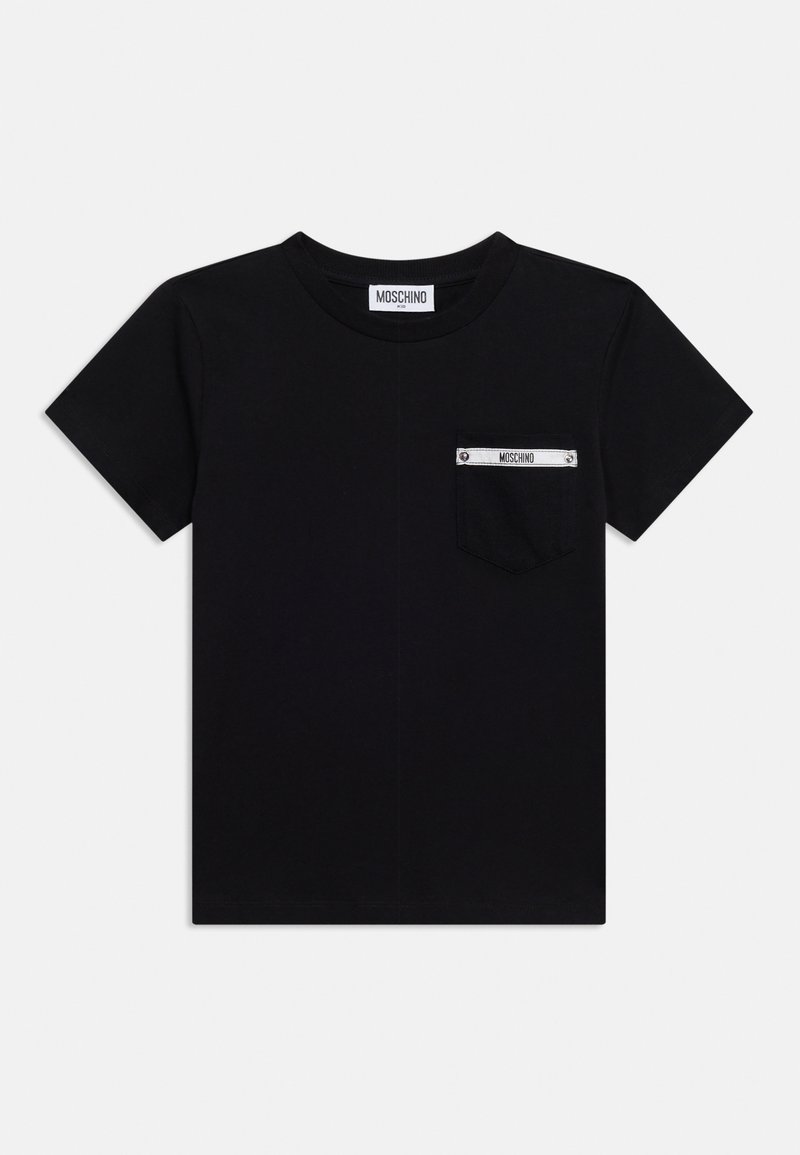 Μαύρο T-shirt με κοντά μανίκια και μικρό τσεπάκι στο στήθος με λευκή ετικέτα με το όνομα της μάρκας Moschino.