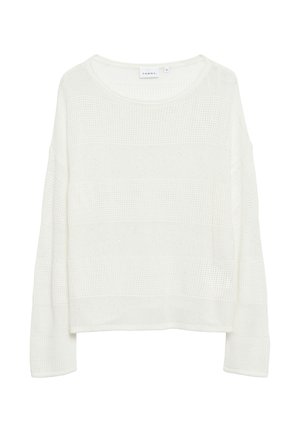 White long-sleeve knit sweater with a round neckline and subtle horizontal waffle texture pattern, labeled size 36.