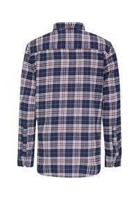 Langärmliges Kariert-Shirt in Marineblau, Weiß und Braun. Weicher Flanellstoff mit Knopfärmeln und Rückennaht-Detail.