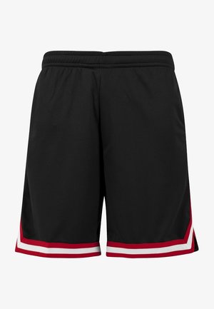 Shorts de sport noirs avec une taille élastique et des bandes rouges et blanches le long des bords inférieurs.
