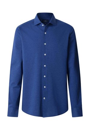 Chemise homme à manches longues avec boutons, de couleur bleu royal uni, col pointu et boutons blancs sur le devant.