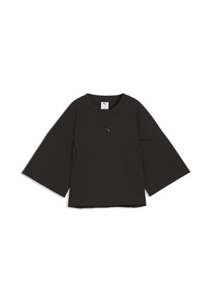 Chemise noire ample à manches longues avec manches larges et petit logo Puma sur la poitrine, présentée sur fond blanc.