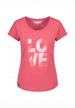 Rosa Kurzarmshirt mit rundem Ausschnitt, vorne mit dem Schriftzug "LOVE" in großen Blockbuchstaben und Farbblockmuster.