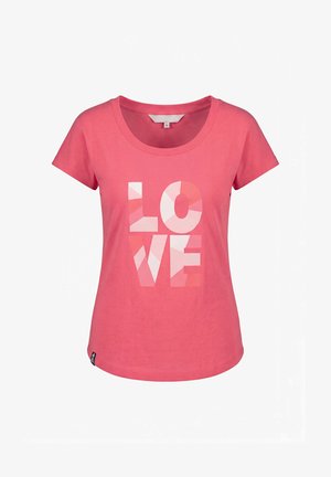 Rosa Kurzarmshirt mit rundem Ausschnitt, vorne mit dem Schriftzug "LOVE" in großen Blockbuchstaben und Farbblockmuster.