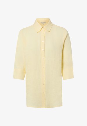 Hellgelbes Leinenhemd mit Knöpfen, Kragen und ellbogenlangen Ärmeln, mit dem Etikett Marie Lund Größe 36.