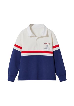 Long-sleeve rugby shirt with white top, navy bottom, red stripe across chest and sleeves, and Montauk Hamptons logo with sailboat on left chest.