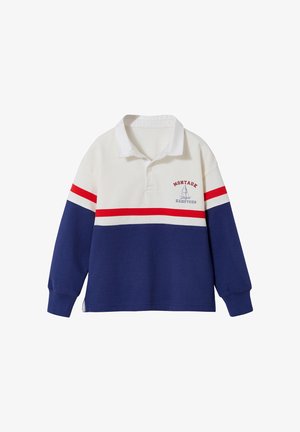 Long-sleeve rugby shirt with white top, navy bottom, red stripe across chest and sleeves, and Montauk Hamptons logo with sailboat on left chest.