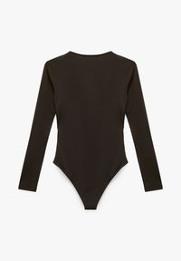 Zwarte longsleeve bodysuit met een ronde hals en hoge pijpen, gemaakt van gladde stof en met een aansluitende snit.