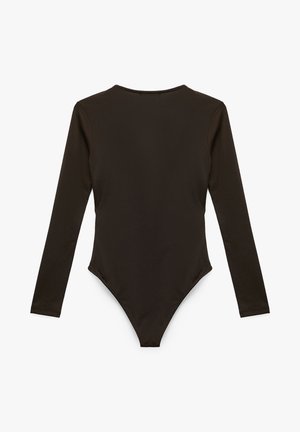 Czarny body z długim rękawem, okrągłym dekoltem i wysokim krojem nogawek, z gładkiego materiału i dopasowanej sylwetki.