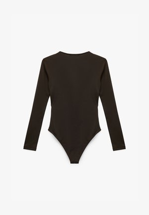 Zwarte longsleeve bodysuit met een ronde hals en hoge pijpen, gemaakt van gladde stof en met een aansluitende snit.