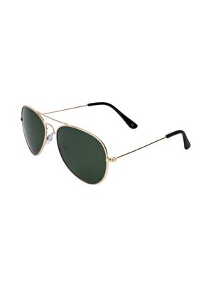 Occhiali da sole stile aviator con sottili montature in metallo dorato, lenti verde scuro e terminali neri sulle aste su sfondo bianco.