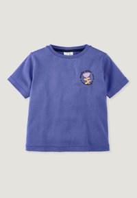 Lila Baumwoll-T-Shirt mit kurzen Ärmeln, rundem Ausschnitt und Grafiken mit einer Blume und Text auf der Vorderseite.