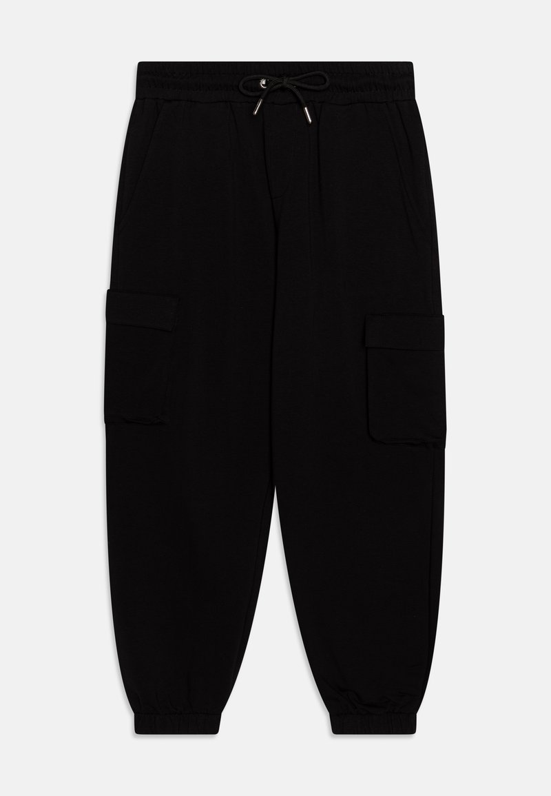 Schwarze Cargo-Hosen aus weichem Material. Mit elastischem Bund und Kordelzug, seitlichen Taschen und elastischen Bündchen an den Knöcheln.