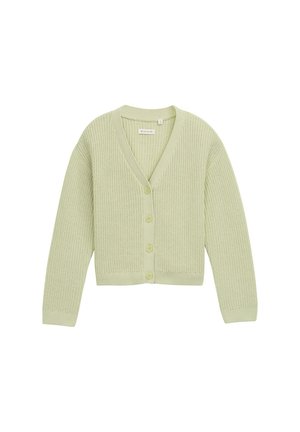 Hellegrüne Strickjacke mit V-Ausschnitt, sechs Knöpfen, gerippter Textur und langen Ärmeln. Kurz geschnitten und ohne Muster.