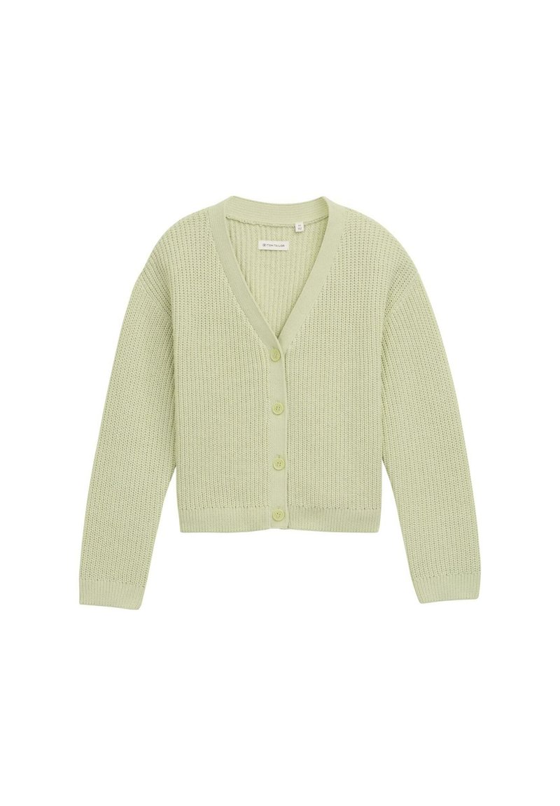 Cardigan a maglia verde chiaro con scollo a V, chiusura a sei bottoni, texture a coste e maniche lunghe. Lunghezza cropped e senza motivi.