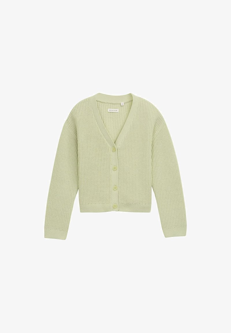 Hellegrüne Strickjacke mit V-Ausschnitt, sechs Knöpfen, gerippter Textur und langen Ärmeln. Kurz geschnitten und ohne Muster.