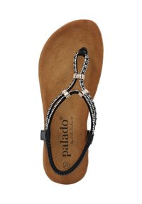 Infradito con sopita in finta suede marrone e cinturini in gomma nera. I cinturini presentano decorazioni in strass trasparenti e accenti in tonalità oro.