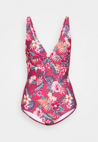 Ein einteiliger Badeanzug mit tiefem V-Ausschnitt, floralen Mustern in Rosa, Gelb und Grün auf burgunderrotem Hintergrund, mit Raffung an der Taille.