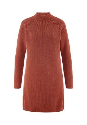Langärmliges, geripptes Strickkleid in verbranntem Orange mit hohem Stehkragen und geradem Saum.