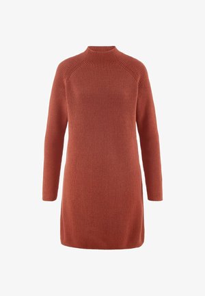 Langärmliges, geripptes Strickkleid in verbranntem Orange mit hohem Stehkragen und geradem Saum.