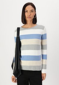 Stripet genser med blå, grå og beige striper, laget av mykt strikkemateriale med rund hals og lange ermer.