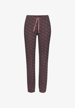 Patroon pyjamabroek met een donkere achtergrond, voorzien van een roze chevronontwerp. Elastische tailleband met koord voor een verstelbare pasvorm.