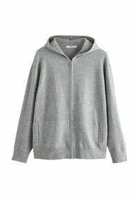 Grijze sweatshirt met een ritssluiting aan de voorkant en een capuchon, met zijzakken en een zachte, gestructureerde stof. Ruime pasvorm met raglanmouwen.