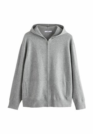 Sweat-shirt gris à fermeture éclair sur le devant et capuche, doté de poches latérales et d'un tissu doux et texturé. Coupe ample avec des manches raglan.