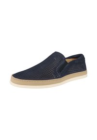 Scarpe slip-on perforate navy con inserti elastici sui lati, suola intermedia color beige e suola in gomma texture. Materiale traspirante per il massimo comfort.