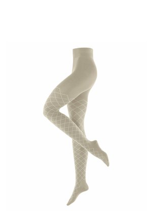 Collants beiges à texture lisse, présentant un motif en treillis de losanges blancs de la cheville jusqu'au milieu de la cuisse, avec une partie supérieure unie.