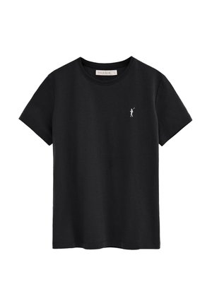 Zwart T-shirt met korte mouwen en ronde hals, met een klein wit polospelerlogo op de linkerborst en een "POLO CLUB" label aan de binnenkant van de kraag.