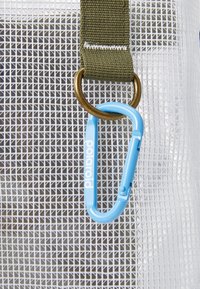 Lightweight plastic carabiner in bright blue, attached to an olive green strap, set against a textured white mesh background.