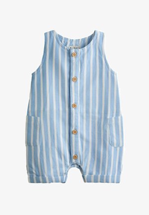 Ærmeløs babyheldragt med blå og hvide lodrette striber, træknapper foran og lommer på begge sider.