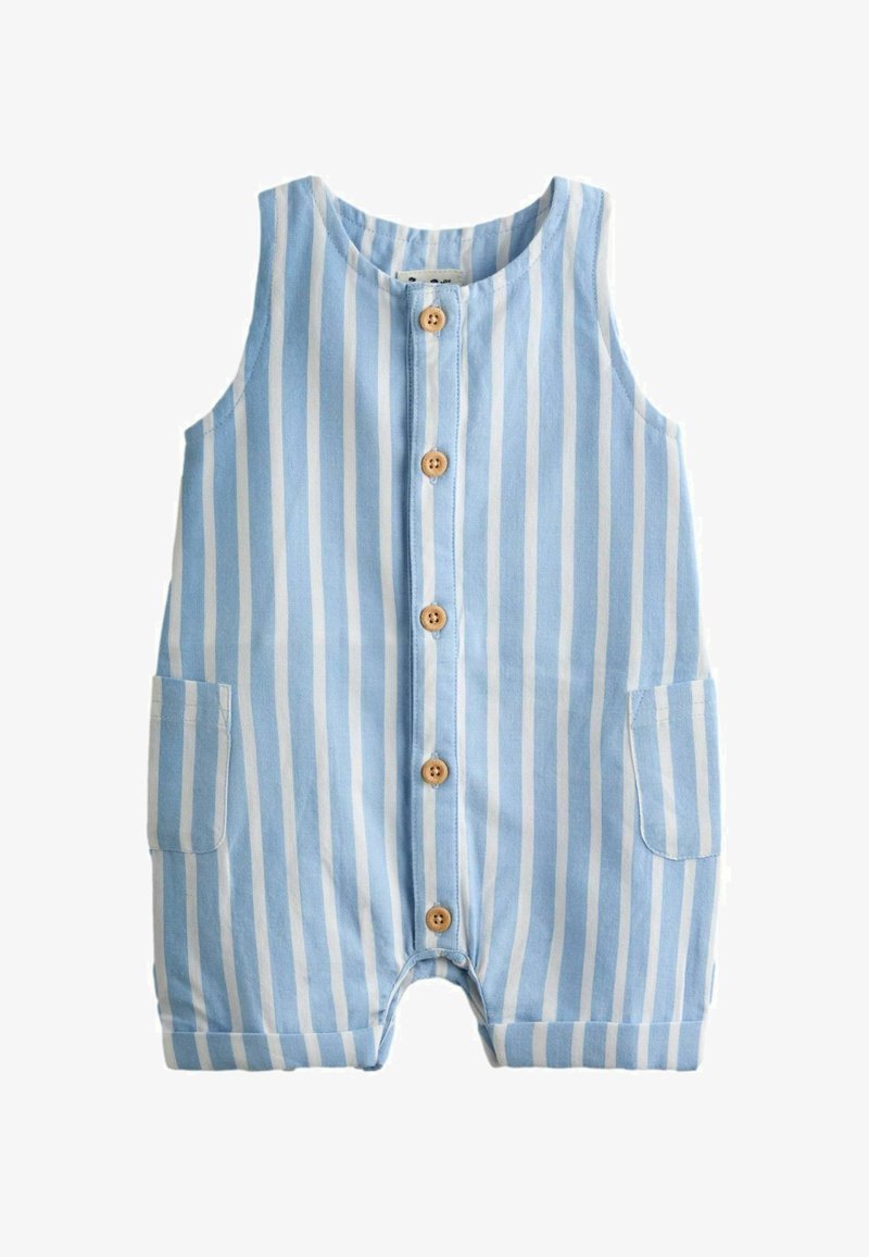 Zils un balts vertikāli svītrains bez piedurknēm bērnu kombinezons ar koka pogām priekšpusē un kabatām abās pusēs.