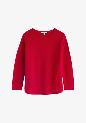 Sarkans adīts džemperis ar garām piedurknēm, apaļu kakla izgriezumu un brīvu piegriezumu. Tekstūrēta auduma virsma ar gludu apdari ap apakšu.