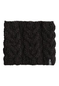 Bandeau en tricot noir avec un motif de câble épais et texturé. Fabriqué en fil doux, avec un petit accent en métal sur le côté.