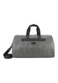 Sac de voyage gris à motifs en matériau durable, avec des poignées doubles, une bandoulière réglable et une poche frontale zippée.