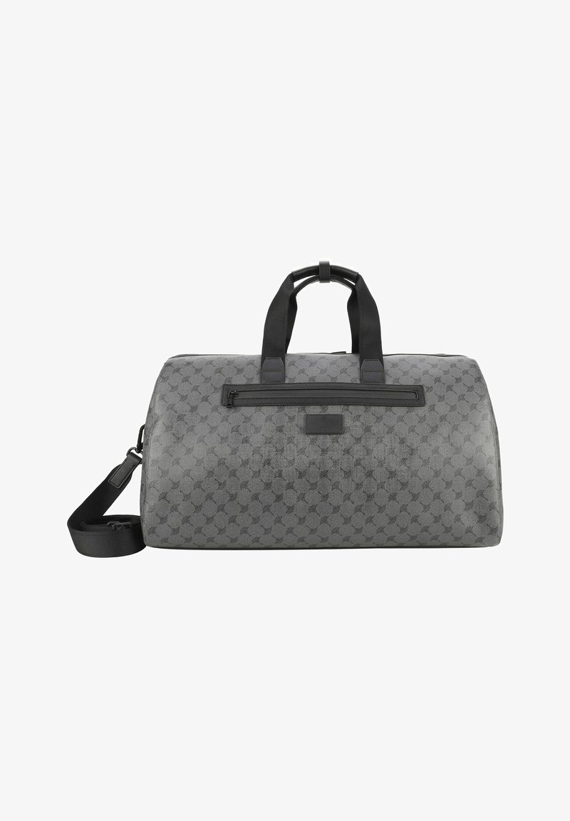 Gray patterned duffel bag made of durable material, featuring dual handles, an adjustable shoulder strap, and a zippered front pocket.